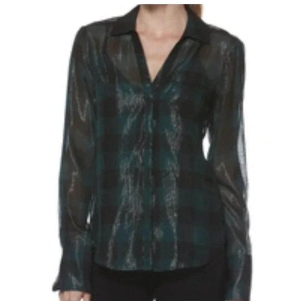 PAIGE Bevyn Sheer Buff Check Button-Down Blouse in Green and Black Size S